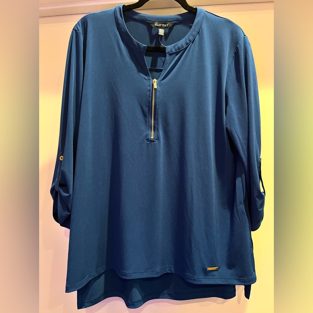 Ellen Tracy Blue Blouse with Zipper Detail